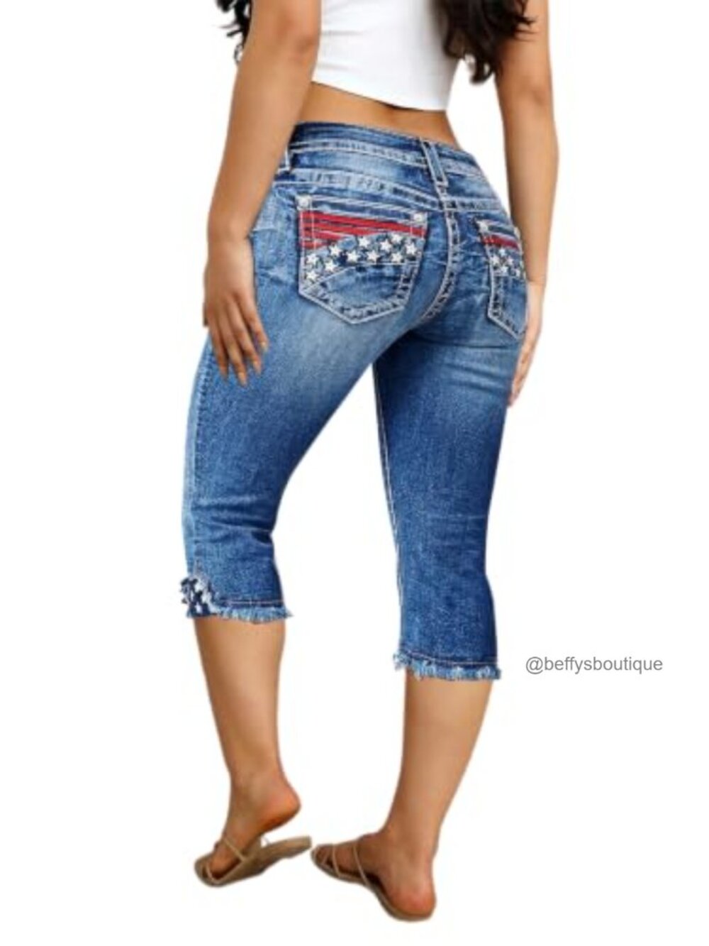 Mid Waist Capri Crop Denim Jeans Raw Hem Stretch